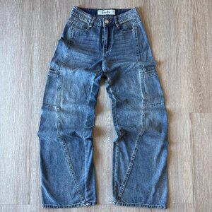 Indigo Rein Cargo Jeans Women Size 0 W23 L30 High Rise Wide Leg Blue Denim